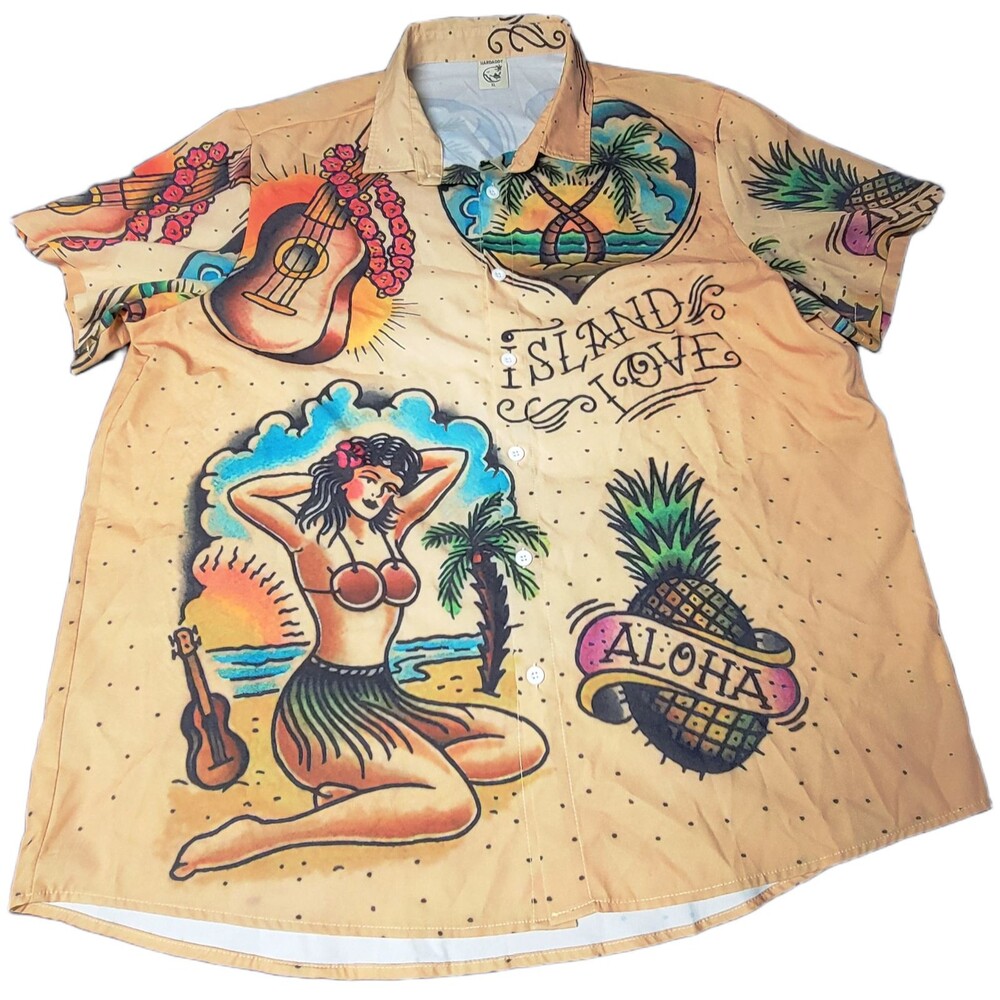 Hardaddy Hawaiian Shirt Men’s XL Aloha Island Love Tattoo Art Palm Hula Girl
